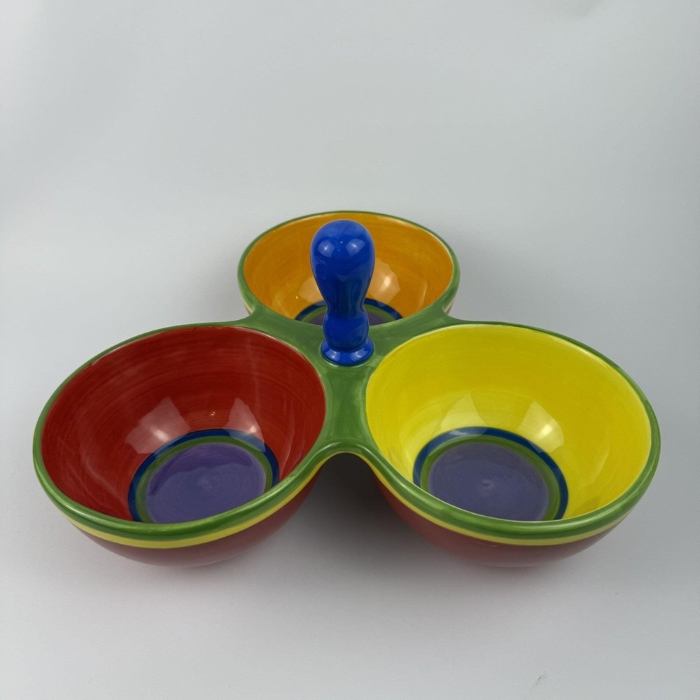 Dansk Caribe Antigua 3 Bowl Condiment Relish Server Hand Painted Colorful